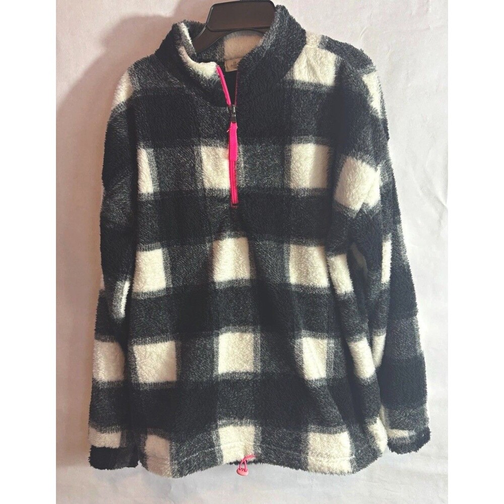 Women’s L Black/White Plaid Fleece Polyester 1/4 Zip High Neck Sweatshirt